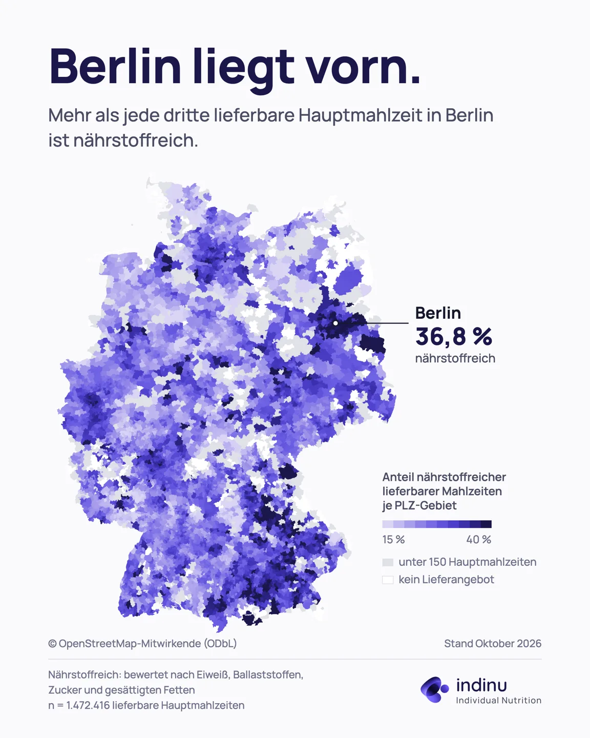 Deutschlandkarte nach Postleitzahlgebieten, eingefärbt nach dem Anteil nährstoffreicher lieferbarer Mahlzeiten, Berlin hervorgehoben mit 36,8 Prozent